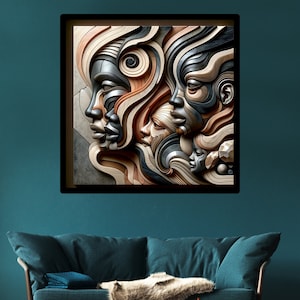 Interwoven Souls Art Print - 3D Abstract Layered Faces, Wooden Texture, Geometric, Light & Shadow Play - Contemporary Digital Wall Art