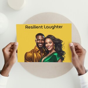 Rire résilient - carte de couple sur fond jaune vif : partenariat joyeux, force et amour joyeux PDF A.I. Oeuvre d'art, téléchargement numérique.