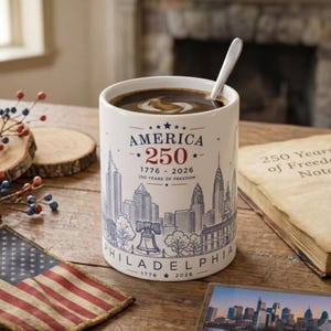 America 250 City Skyline Mug | Patriotic Coffee Cup | New York Boston Philadelphia Washington DC Los Angeles San Francisco | 1776–2026 Gift