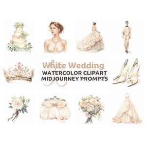 Wedding Clipart With Midjourney watercolor clipart prompts. White wedding clipart, wedding decor, bridal clipart, watercolor clipart prompts