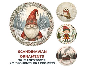 Christmas Ornaments With  Midjourney Prompts Guide. Scandinavian Christmas Clipart, DIY Christmas, Print on demand clipart
