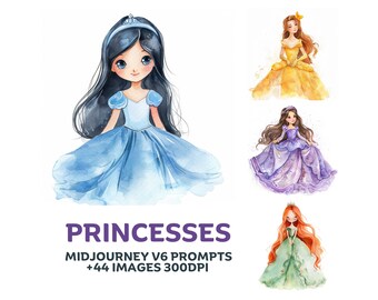 Watercolor Princess Clipart With  Midjourney Prompts. Watercolor Princess Clipart, Royal Clipart, Clipart For Kids.