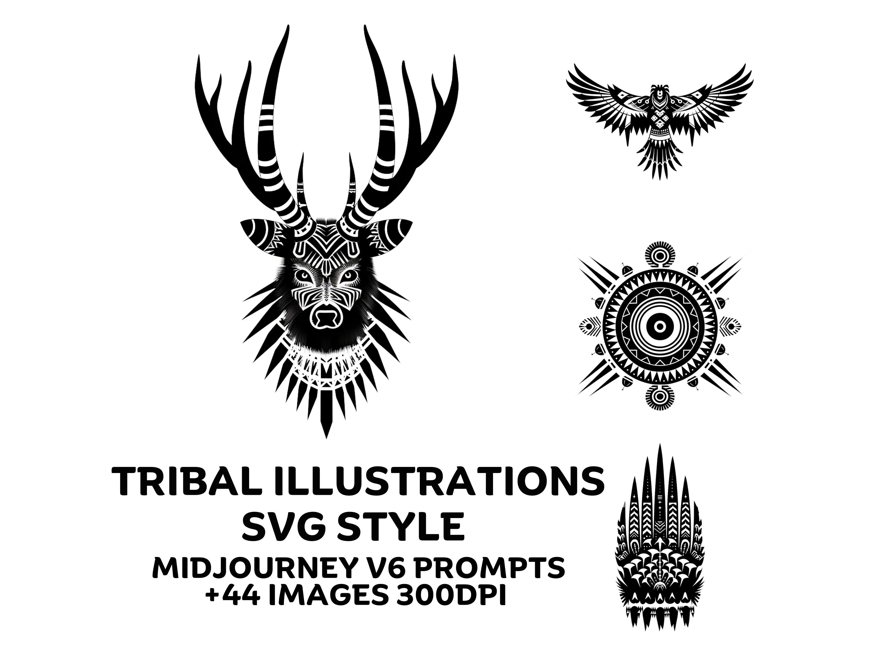 Tribal Illustrations With Midjourney Prompts. SVG, Flat vector Folk Prompts Guide for professionals. Including 44 AI images, 300DPI