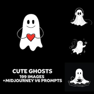 Cute Ghosts Art With Midjourney prompts, 199 Cute Ghost images, 300 dpi. Halloween SVG illustrations, Cricut images, Halloween vector art