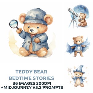 Teddy Bär Clipart mit Midjourney Prompts. Teddy Bär Kinderzimmer Dekor, Märchenbuchillustrationen, POD Sublimation, Babyparty Deco