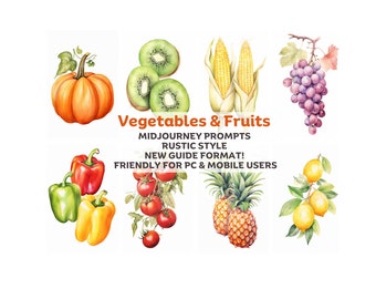 Food Midjourney prompts. Fruits and vegetables, for kitchen decor, cafe decor, or learning materials for elementary school