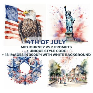 4 juillet Clipart avec invites à mi-parcours + code de style unique, invites clipart aquarelle patriotique, clipart jour de l'indépendance.