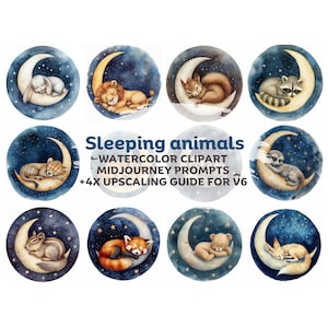 Sleeping Animals Clipart & Midjourney prompts, Watercolor Clipart prompts for Midjourney. Create AI Nursery decor, 22 images, 300dpi