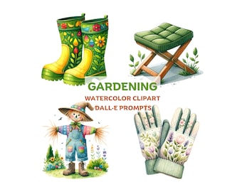 Gardening DALLE Prompts. High-quality watercolor clipart. Watercolor Gardening Clipart for mug, gifts, decor. DALL-E 3 guide for beginners