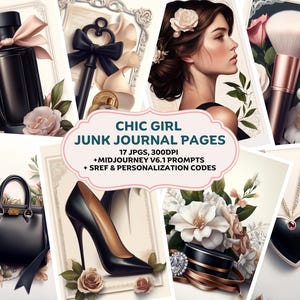 Papel digital Junk Journal com prompts de meio de jornada, prompt de papel para impressão Fashionista Chic Girl, prompts de pacote de papel vintage, páginas Coquette