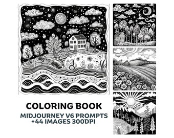 Adults Coloring Pages with Midjourney Prompts. KDP Prompt Guide for coloring books, coloring pages for kids. Including 44 AI images, 300DPI