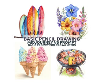 Basic Summer Midjouney prompt, Pencil drawing prompts for t-shirts, tote bags, mugs. Summer clipart Midjourney prompt for sublimation design