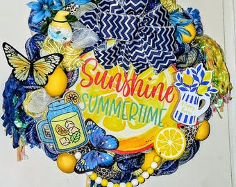 Summer Lemon Wreath, Blue & Yellow Sunshine Summertime decor, versatile Seasonal door hanger, handcrafted farmhouse decor