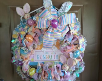 Holiday Bunny Rabbit Wreath, Easter Celebration, Pastel Shake Your Tail centerpiece, Spring Door Decor,