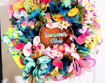 Pink Flamingo Summer Wreath, Bright Tropical Door Hanger, Luau Party, Sunshine Beach Fun Vibes