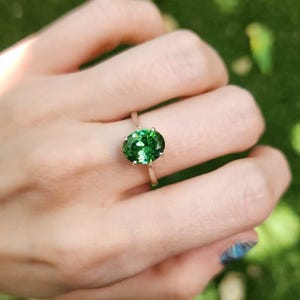 Green emerald engagement ring, oval cut May birthstone , sterling silver wedding ring for women