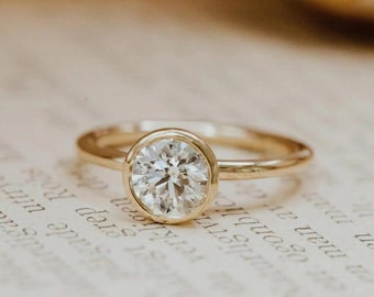 Zierlicher runder, im Labor gewachsener Diamant Versprechensring, Diamant in Klauen Zacken gefasst, Diamant Verlobungsring für Frauen, Ring in Gelb, Weiß, Roségold