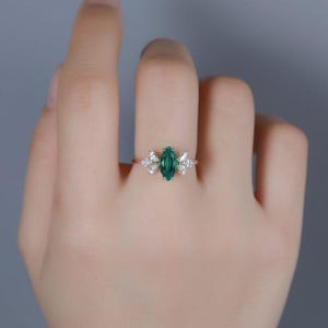 Vintage Marquise Cut Emerald Engagement Ring, Unique 14K Rose Gold May Birthstone Promise Ring, Silver Emerald Wedding Ring Gift for Women