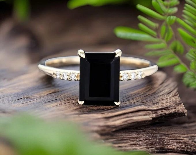 Emerald Cut Black Onyx Engagement Ring Diamond Cluster Vintage Ring