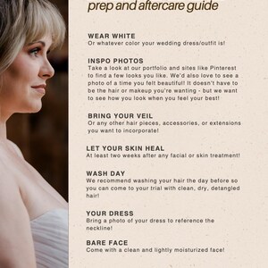 Puede incluir: Una guía de preparación y cuidado posterior a la boda con texto que incluye "Wear White", "Bring Your Veil" y "Bare Face". La imagen presenta a una mujer de perfil con cabello rubio, el texto es marrón sobre un fondo beige.