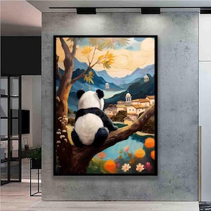 Słodka panda, historia małej pandy na gałęzi drzewa, obraz olejny, teksturalny obraz na płótnie, obraz szklany z pandą