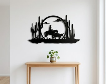 Western Cowboy Metal Wall Art, Desert Cactus Ranch Decor, Horse Rider Silhouette, Rustic Farmhouse Wall Hanging, Man Cave Western Gift