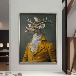 Retrato de veado, arte de parede em tela gótica, pintura renascentista, pôster de retrato de animal vintage