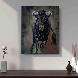 Angry Black Bull Coming to Matadora in the Arena Canvas Wall Decor, Black Raging Bull Wall Art, Perfect Spanish Bull Decor Office  Gift