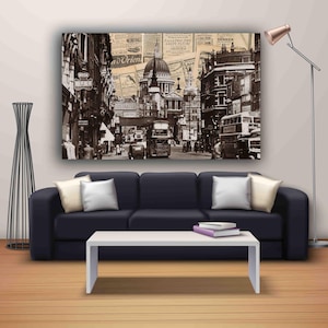 Black and White View of St. Paul&#39;s Cathedral from Ludgate Hill Canvas Print, Old Photograph from Central London with Newspaper Background
