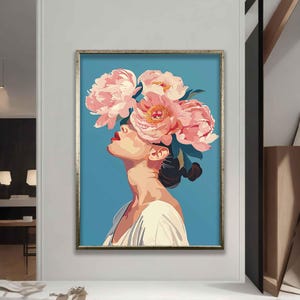 Flower Head Woman Canvas Art, Flower Head Woman Wall Art, Floral Woman Canvas Print, Woman Portrait Canvas