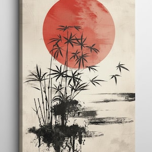 Japanese wall art, Japanese Inspired Minimalist Bamboo Silhouette Wall Art & Red Accent Home Decor Asian Zen Artwork Gift, Asian Home Decor