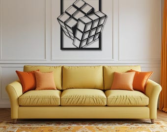Rubik's Cube Metal Wall Art: Geometric Laser Cut Hanging