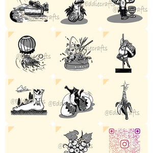 May include: A collection of whimsical black and white illustrations. The images include a ship on a cake, a bird with a top hat, a lobster with a halo, a hot air balloon, a dessert with the text "KIRKLA", Santa Claus pole dancing, a foot with a landscape, a creature hatching from an egg, a banana tower, and a bunch of grapes.