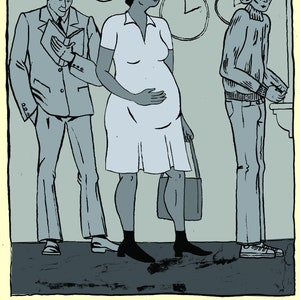 May include: A black and white illustration of three people waiting in line. The person in the middle is pregnant and holding a purse. The text "PATIENCE" is written in blue on a black background.