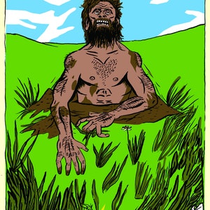 May include: A cartoon illustration of a man with a beard emerging from the ground. He is looking up at the sky with a surprised expression. The background is a green field with a blue sky and white clouds. The text "FOUNDATION" is written in black letters on a yellow starburst.