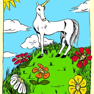 May include: A white unicorn with a gold horn stands on a green hill with yellow, red, orange, and white flowers. The sky is blue with white clouds and a yellow sun. The text "PURITY" is written in black on a yellow background.