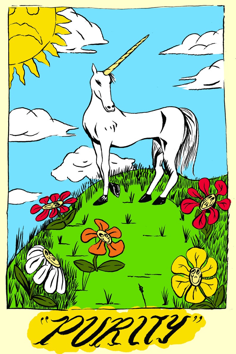 May include: A white unicorn with a gold horn stands on a green hill with yellow, red, orange, and white flowers. The sky is blue with white clouds and a yellow sun. The text "PURITY" is written in black on a yellow background.