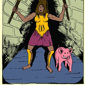 May include: A woman wearing a horse head mask and holding a flaming torch in each hand stands on a blue platform. She is wearing a yellow and purple outfit and has a muscular physique. A pink pig stands next to her. The text "FURY" is written in yellow letters on a black background.
