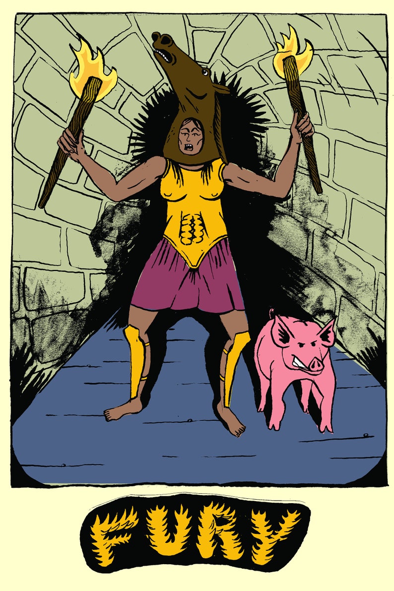 May include: A woman wearing a horse head mask and holding a flaming torch in each hand stands on a blue platform. She is wearing a yellow and purple outfit and has a muscular physique. A pink pig stands next to her. The text "FURY" is written in yellow letters on a black background.