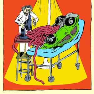 May include: A cartoon illustration of a scientist examining a car with a microscope. The car is on a gurney and is connected to a long, pink, fleshy tube. The text "REASON" is written in large, yellow letters at the bottom of the image.
