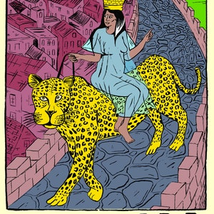 May include: A woman wearing a crown and a blue dress rides a yellow leopard with black spots. The leopard is walking on a stone path. The background is a city with pink buildings and a blue sky with a yellow sun.