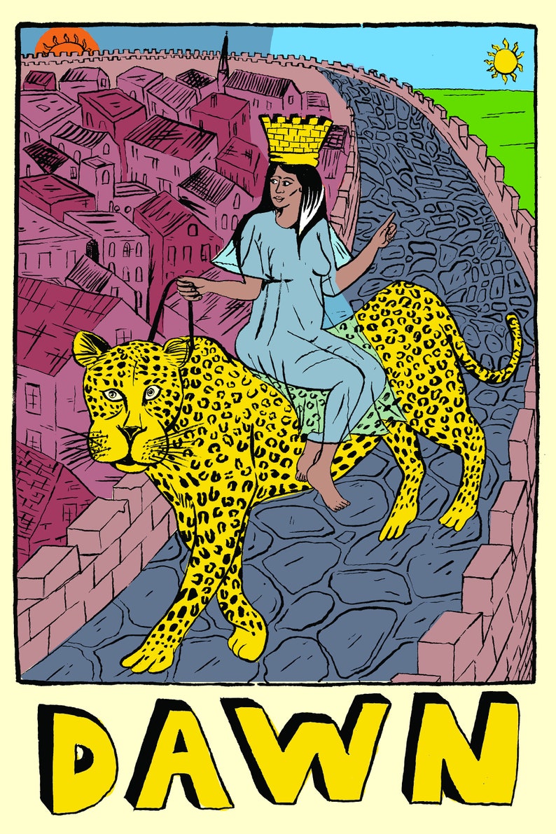 May include: A woman wearing a crown and a blue dress rides a yellow leopard with black spots. The leopard is walking on a stone path. The background is a city with pink buildings and a blue sky with a yellow sun.