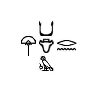 Puede incluir: Símbolos jeroglíficos en blanco y negro que representan el nombre del dios egipcio Horus. Los símbolos incluyen un halcón, un disco solar, una serpiente uraeus y una ola de agua.