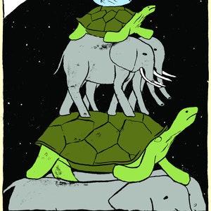 May include: A black and white illustration of a stack of animals, including a swan, turtle, elephants, and a large turtle on a rock. The text "EVERYTHING" is written in black on a yellow background at the bottom of the image.