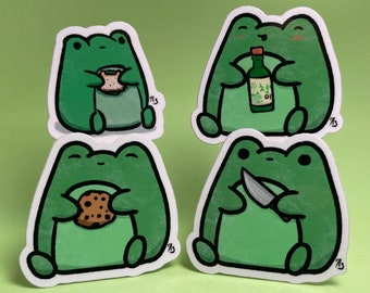 Sitting Frog Vinyl sticker (Sandwhich, Soju, Cookie, Knife)