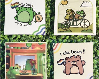 Impresiones de ranas de 5 x 5 pulgadas, vol. 6 (¡Sé gay y comete crímenes!, Paseo en bicicleta, Habitación 3D, Osos)