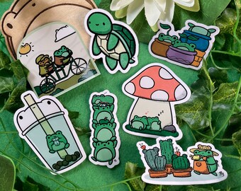 Frogs Day out Vinyl stickers (Mushroom, Cactus, Pots, bike ride, boba, stack, turtle)