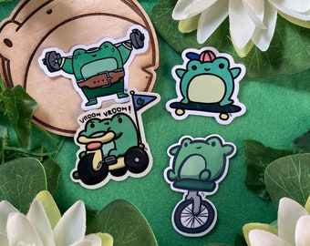 Active Frogs Vinyl stickers (Lifting, Vroom , Skateboarding, Unicycle (Dat boi))