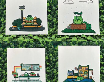 Impresiones de ranas de 5 x 5 pulgadas, vol. 5 (Abuelo, Sombrilla de hoja, Comedor, Sala de juegos)
