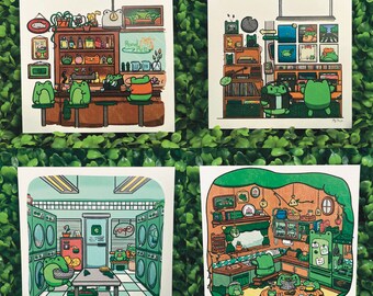 Impresiones de ranas de 5 x 5 pulgadas, vol. 2 (pub, tienda de discos, lavandería, cocina)